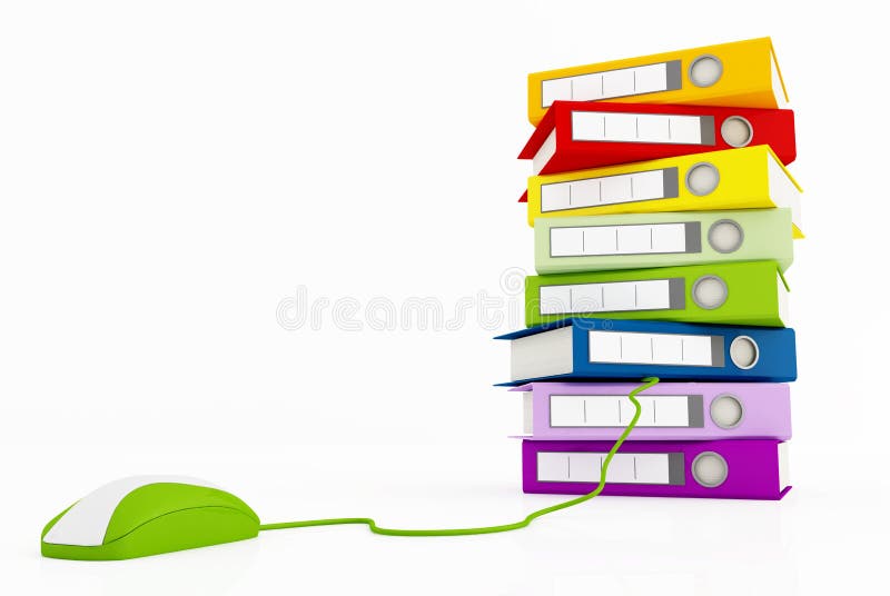 Stack of ring binder and green mouse conceptual image for many use - rendering