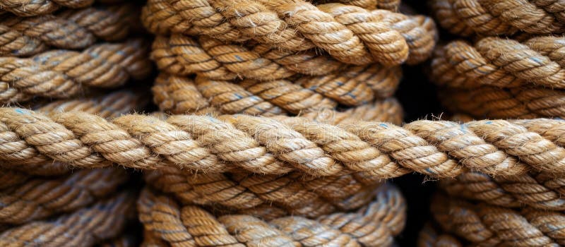 Stack of Rope Rolls Close Up. Close up view of multiple rolls of rope stacked together, showing the texture and details of the twisted fibers. AI generated