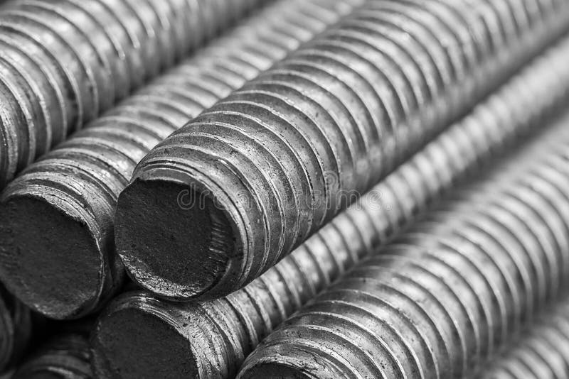 Stack of Round Steel Bar Iron Metal Rail Lines Material . Stock Photo