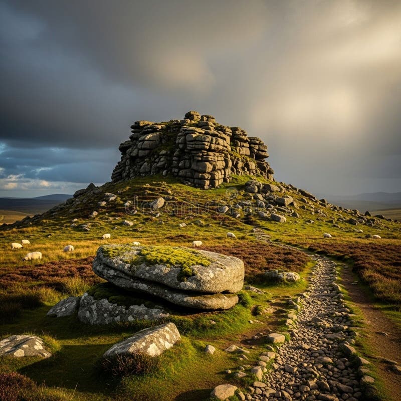 Stack of rounded rocks is set amid a landscape of heather and moss. vector illustration