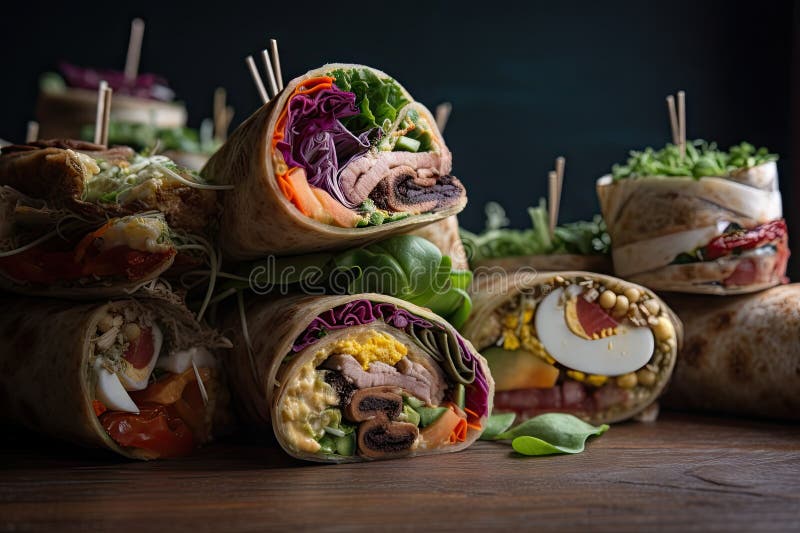 Stack of Sandwich Wraps Filled with Fresh Ingredients and Creative