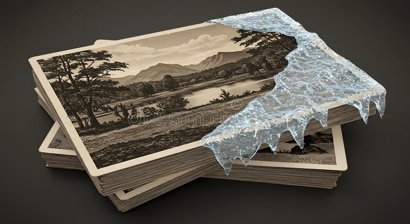 A stack of sepia vintage photographs featuring a scenic landscape is partially covered by ice vector illustration