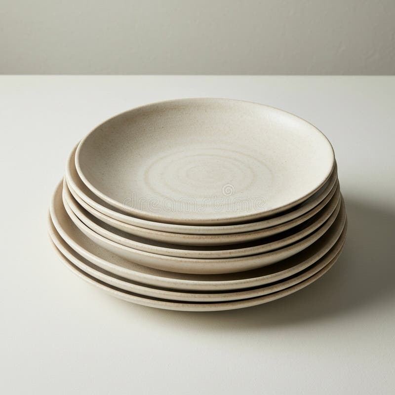 A stack of seven beige ceramic plates is neatly arranged on a clean, white surface. vector illustration