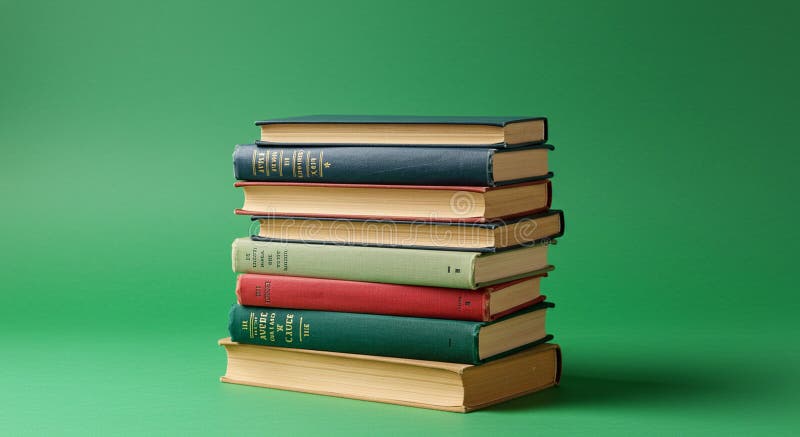 Stack of seven hardbound books, each with distinct colored covers including green vector illustration
