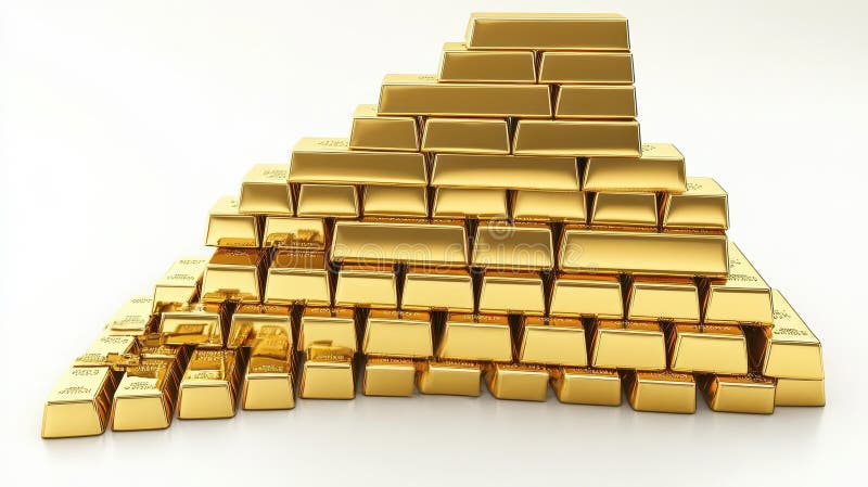 Stack of shiny gold bars arranged in a pyramid formation. A neatly stacked pyramid of gleaming gold bars, symbolizing wealth, investment, and financial security. The reflective surfaces emphasize the luxurious appeal. AI generated.