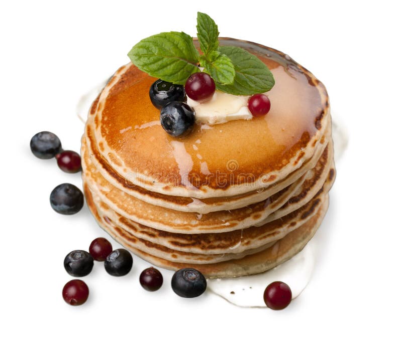 Stack of Small Pancakes in Syrup and Berries on Stock Image Image of