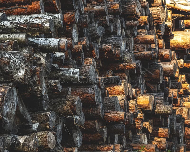A stack of stacked natural sawn wooden logs. Logging operations. royalty free stock images