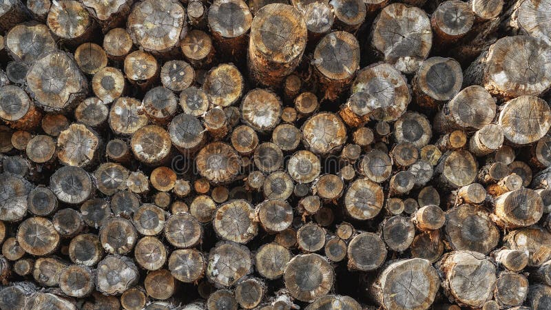 A stack of stacked natural sawn wooden logs. Logging operations. stock photo