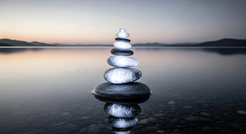Stack of stones balancing in water with a blurred landscape background. royalty free illustration