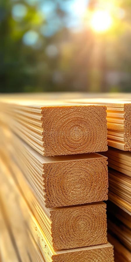 Stack of Sustainable Pine Wood Planks, Bathed in Sunlight Eco-Friendly Construction Materials vector illustration
