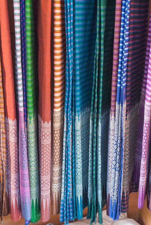 Stack of Thai's traditional pattern silk fabric in Lamphun Province,Thailand. Stack of Thai's traditional pattern silk fabric in Lamphun Province,Thailand