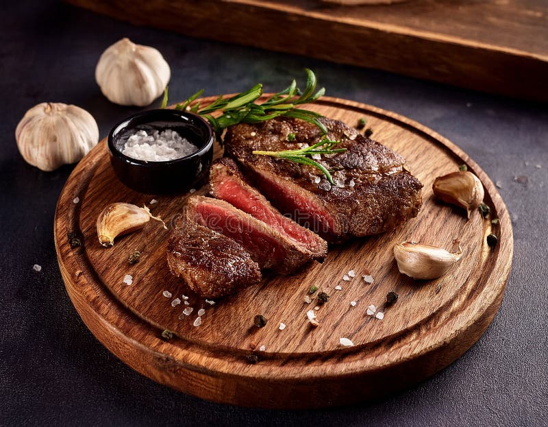Fried steak pieces on a wooden board and garlics stock illustration