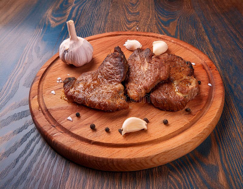 Fried steak pieces on a wooden board and garlics stock illustration
