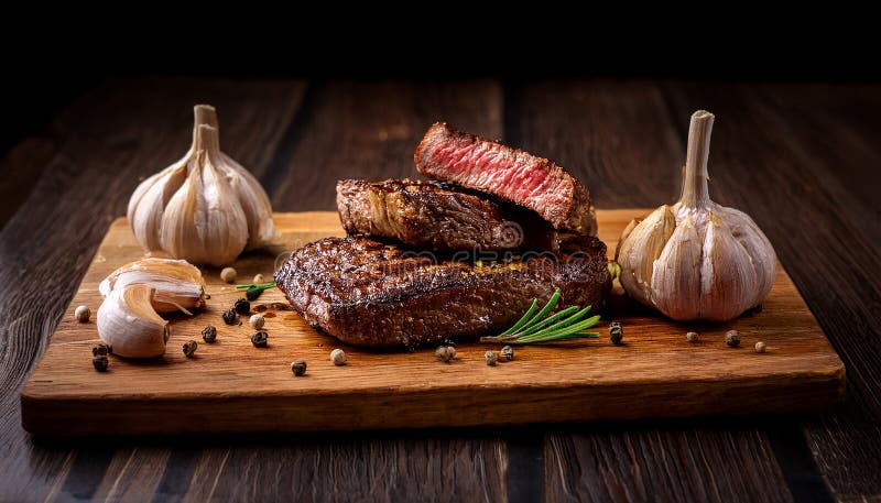 Fried steak pieces on a wooden board and garlics vector illustration