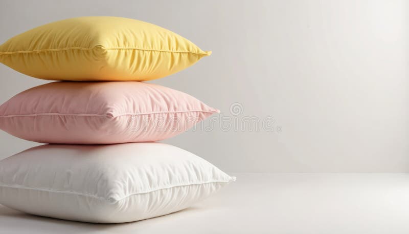 Stack of three soft pillows in white pink and yellow colors. Decorative pillows stacked on top each other. Comfortable bedroom stock images