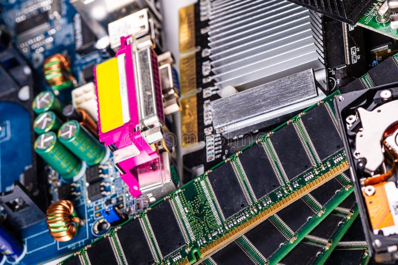 Pile with various computer electrical boards and components, Repairing and upgrade concept, closeup royalty free stock photos