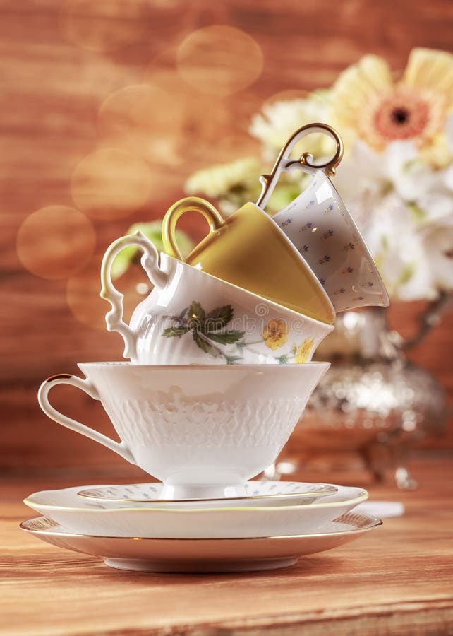 Stack of vintage tea cups stock image. Image of background 182770477