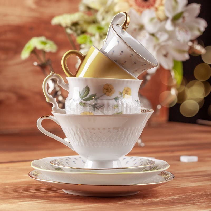 Stack of vintage tea cups stock image. Image of collect 184455477
