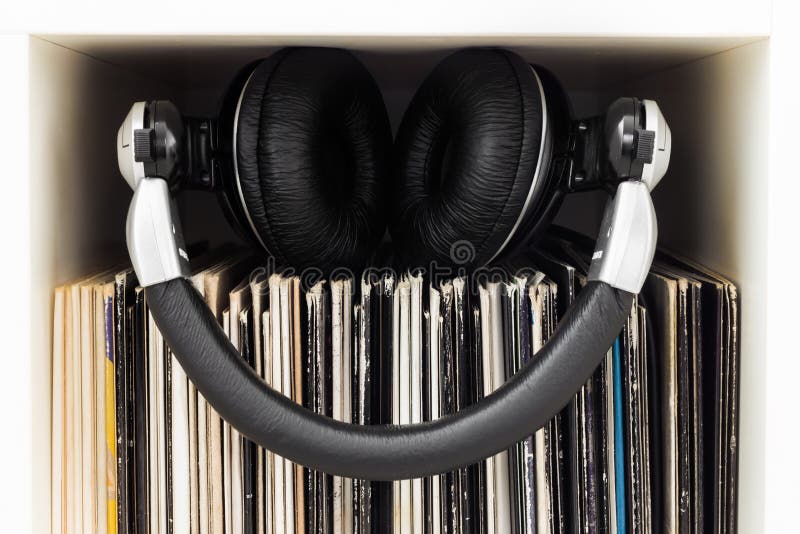 Stack of Vinyl Records with Headphones on Top Stock Photo Image of