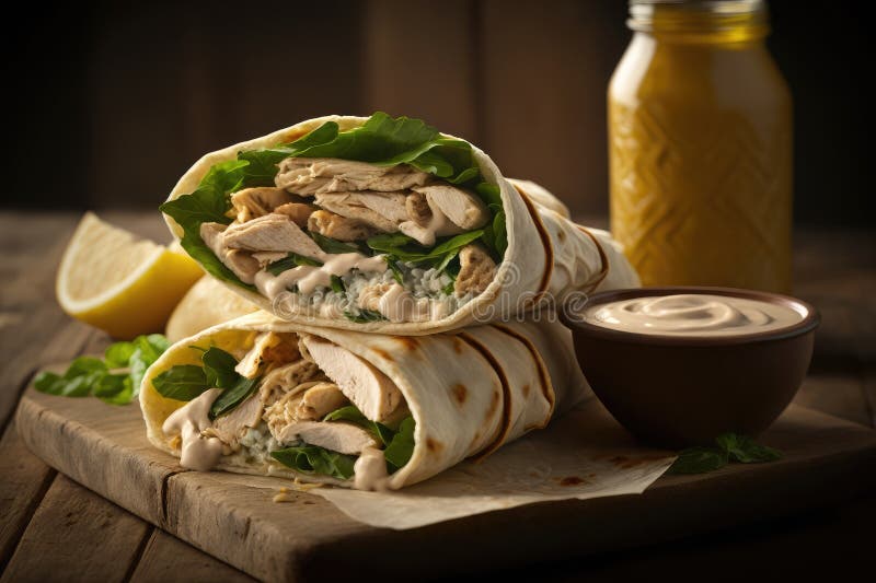 Stack of Warm Chicken Shawarma Wrapped in Pita Bread, with Hummus and