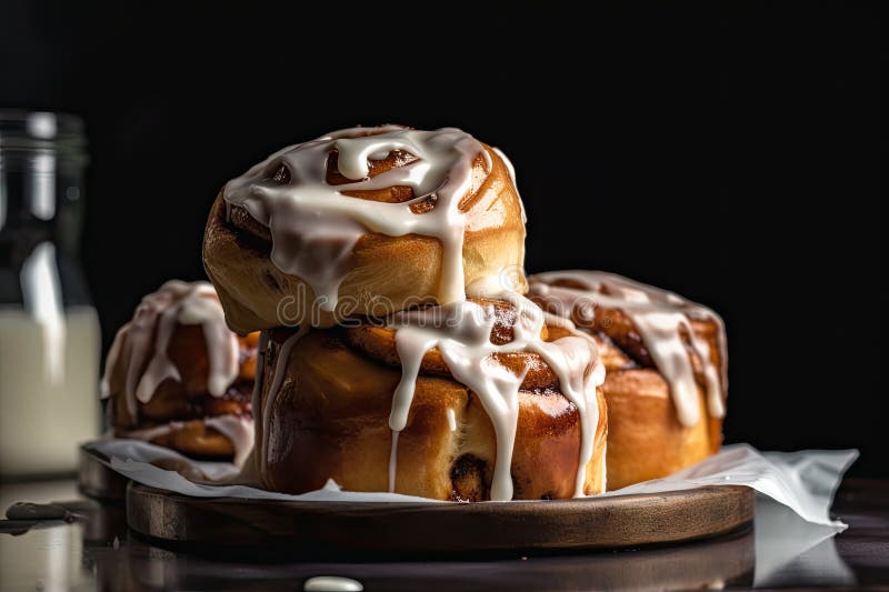 Stack of Warm and Gooey Cinnamon Buns with Drizzle of Icing Stock