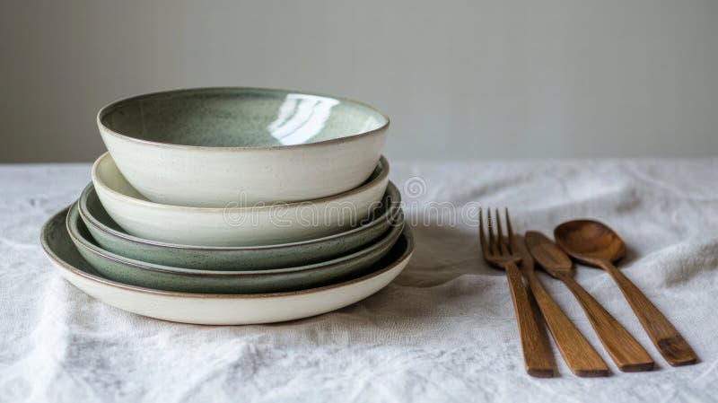 A stack of white and green bowls sits on a white tablecloth with wooden utensils beside it. stock illustration