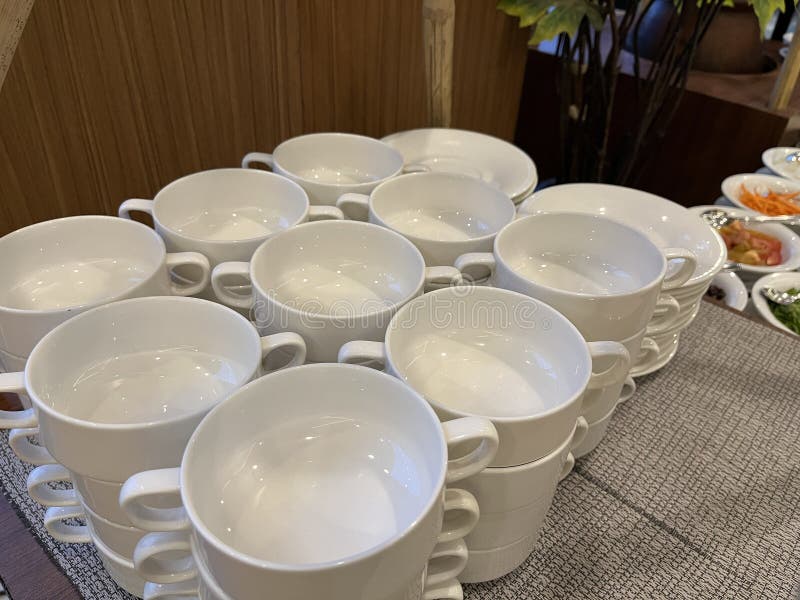 Stack of White Soup Bowl in a Restaurant. Stock Photo Image of blank