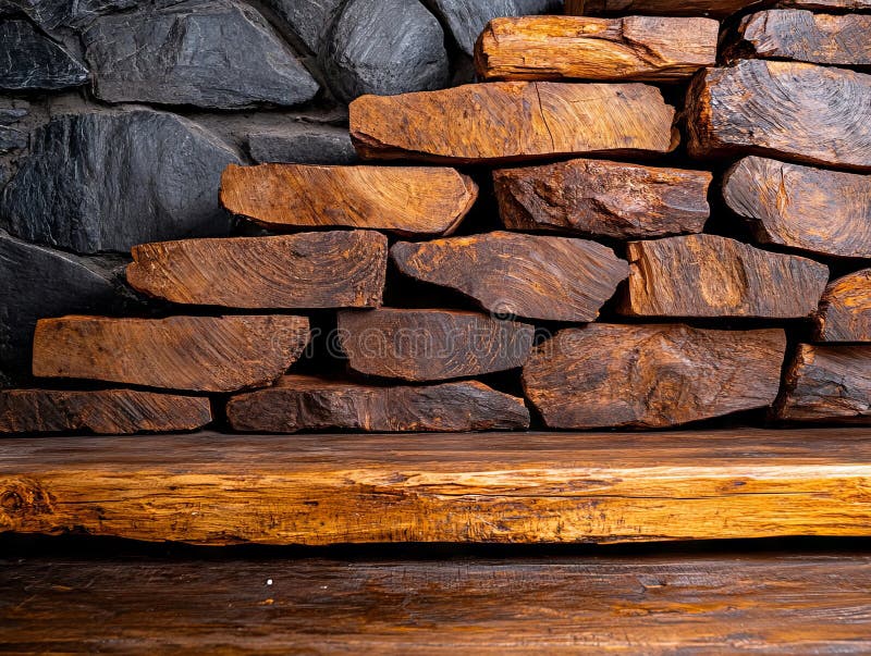 A stack of wood sitting on top of a wooden table stock photo