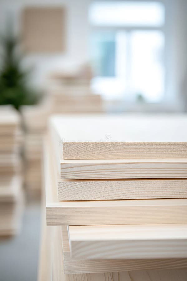 Stack of wooden boards in workshop with soft focused background stock images
