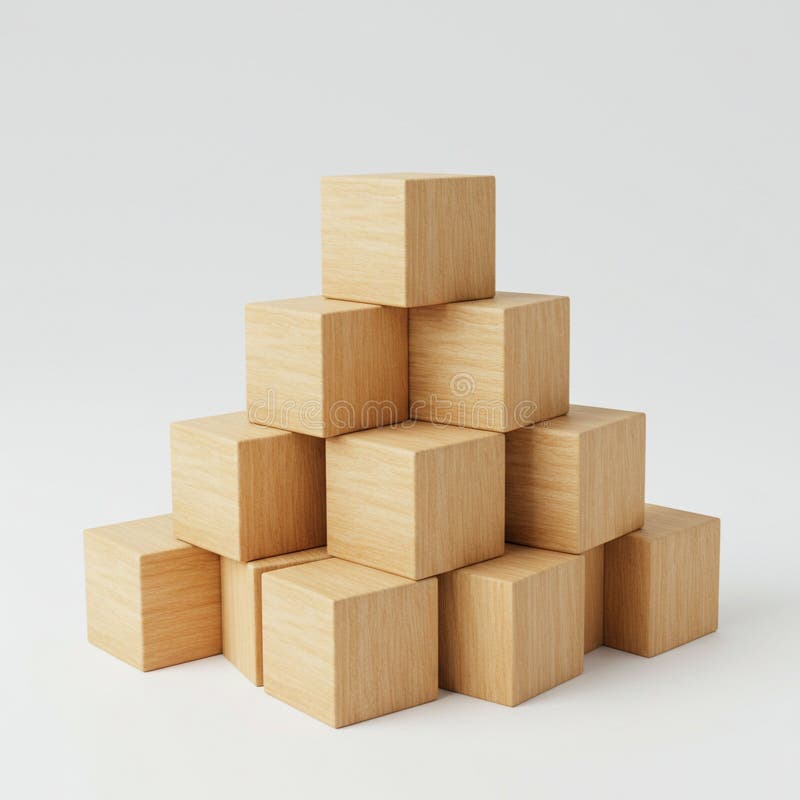 A stack of wooden cubes arranged in a pyramid formation on a plain white background. royalty free illustration