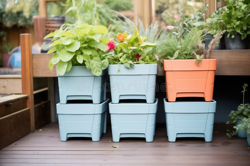 Stackable Plastic Garden Bins with Leafy Plants Stock Image Image of