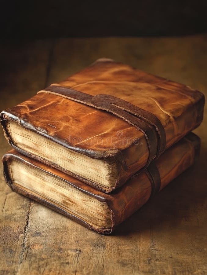 Stacked Antique Leather Bound Journals with Rustic Leather Straps on Wood Surface royalty free illustration