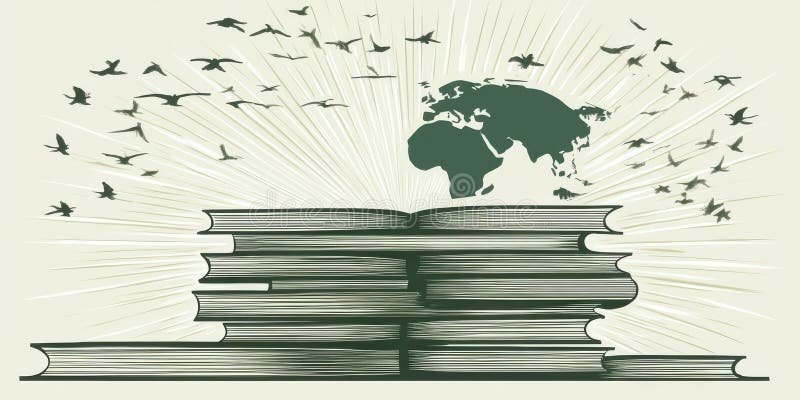 Stacked books with earth silhouette and birds flying upwards in a stylized design concept stock illustration