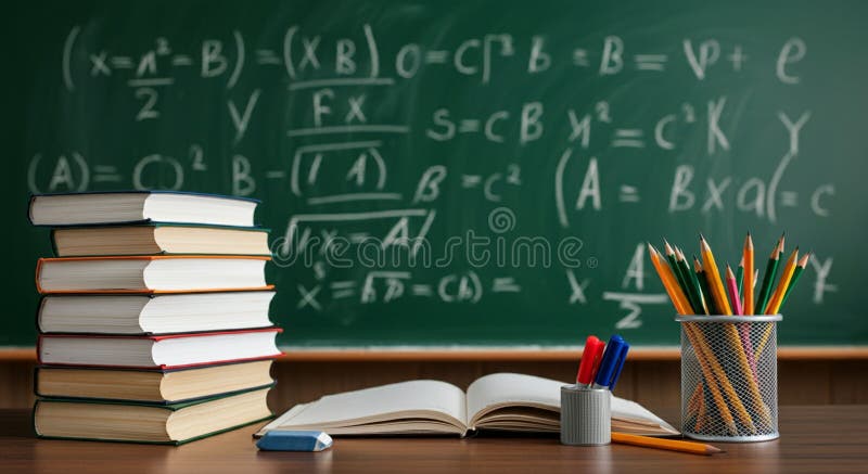 Stacked books, an open notebook, and writing tools (pencils and markers) are on a desk. A chalkboard in the background displays mathematical equations and formulas in chalk. The setting is a classroom, with the chalkboard implying concepts in algebra and geometry. A pencil holder contains various colored pencils, suggesting a focus on education and learning. The eraser and markers add practical, everyday elements used for studying.