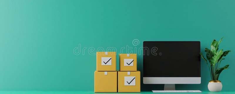 Online Order Fulfillment Boxes Computer Plant royalty free illustration