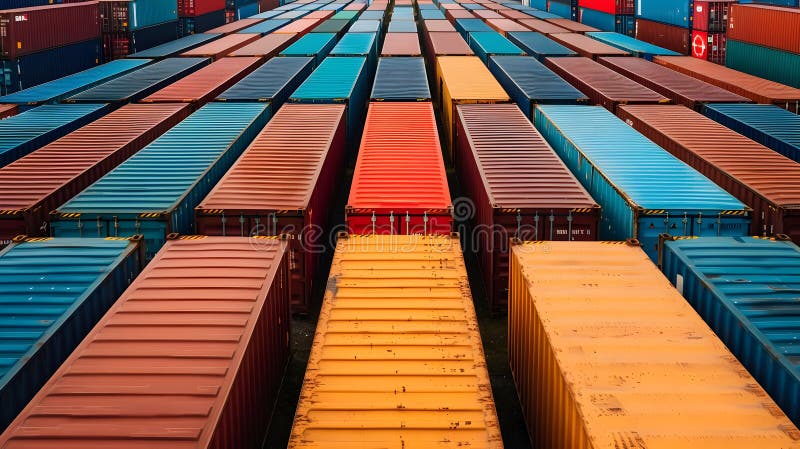 Stacked Cargo Containers Vividly Illustrating Global Trade and Logistics. A high-angle view showcases a large array of vividly colored shipping containers, highlighting the intricate logistics and global trade network they represent. The repeating pattern of stacked containers emphasizes the scale of international commerce and the role of efficient transport in a worldwide economy