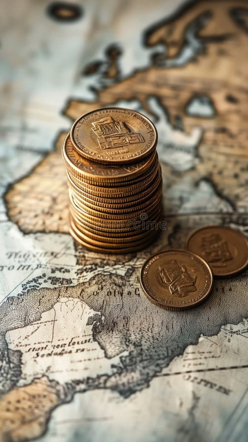 Stacked Coins on a Vintage Map Highlighting Historical Trade Routes and Continents in Europe and Africa