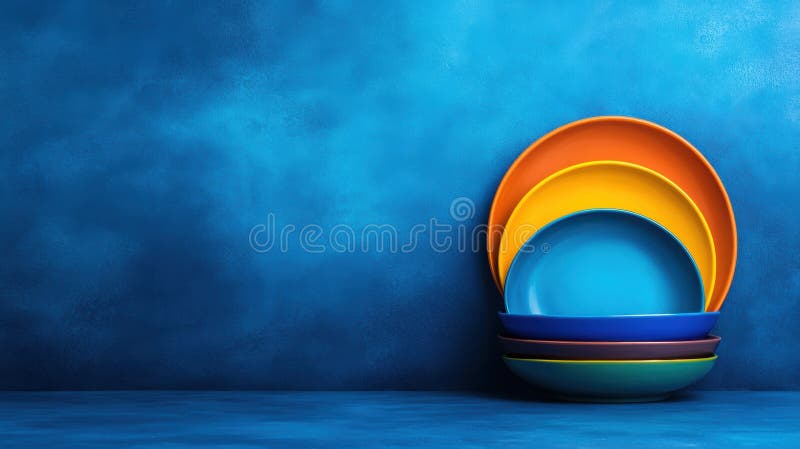 Stacked colorful bowls create a vibrant display of hues and shapes. stock photo