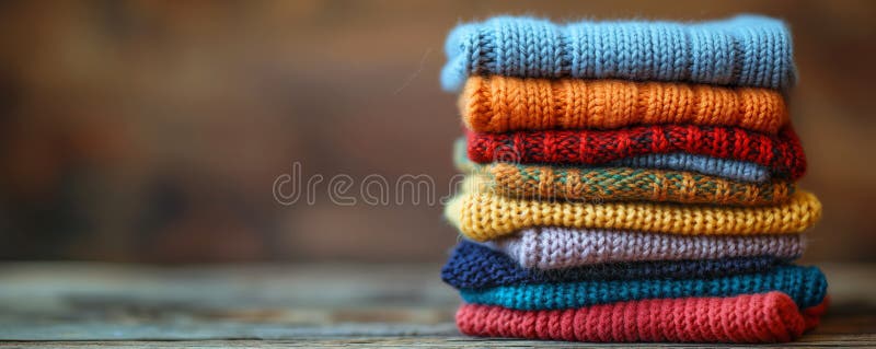 Stacked knit sweaters in warm colors royalty free stock photos