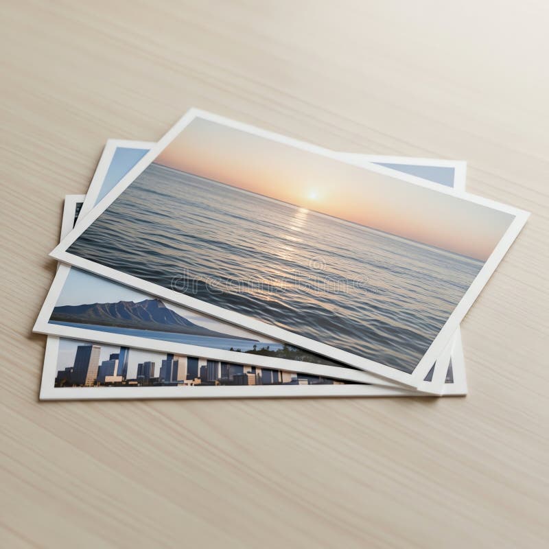 Stacked Photographs Featuring Ocean Sunset, Mountain, and City Skyline on Wooden Surface stock illustration