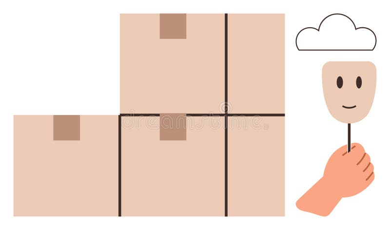 Stacked Boxes with a Hand Holding a Smiling Mask and Cloud Element vector illustration