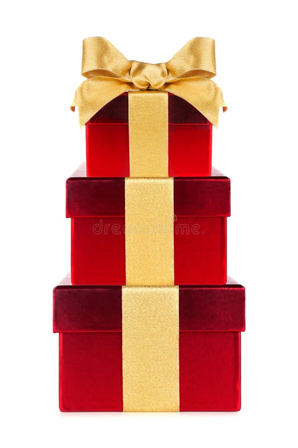 Red Gift Box Wrapped with Shiny Gold Bow and Ribbon Isolated on White
