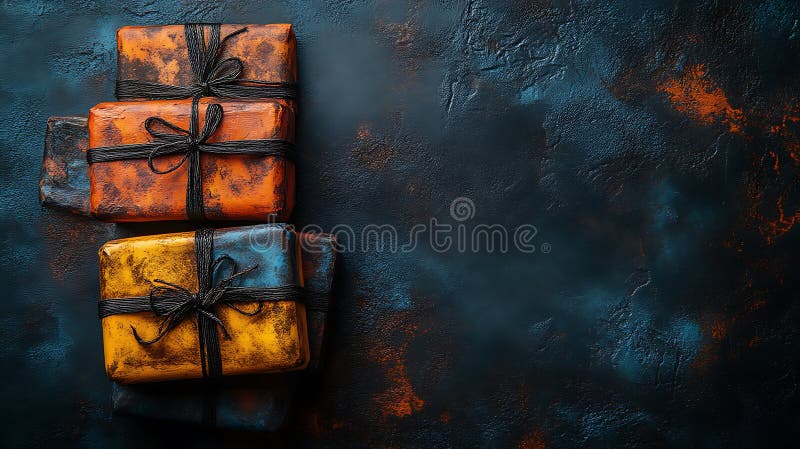 Stacked Rustic Gifts Wrapped In Dark Ribbon vector illustration