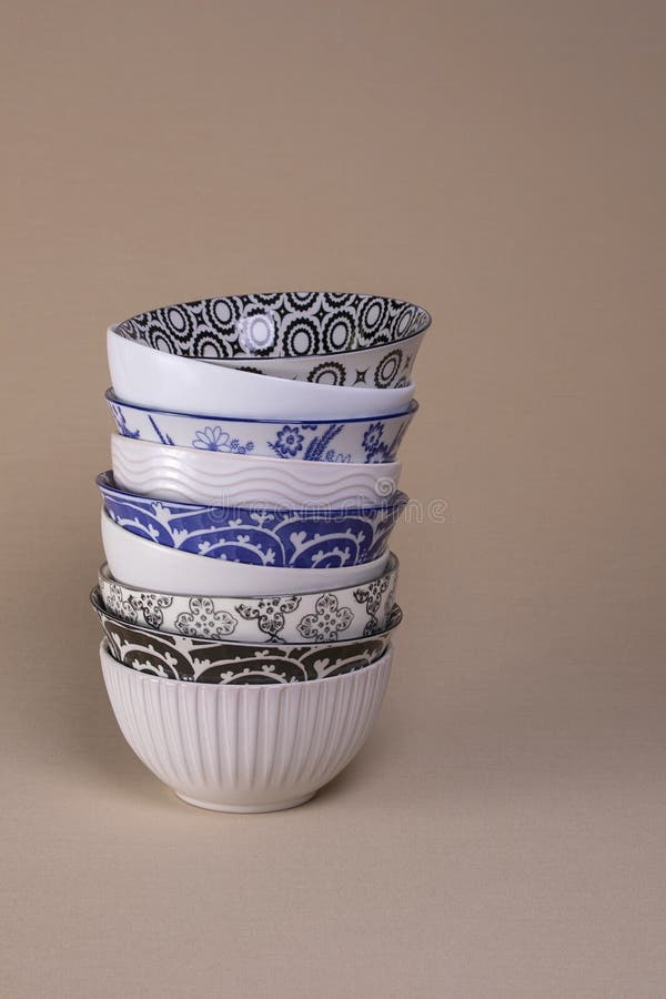 Stack Of White Kitchen Soup Bowls With Blue And Black Geometric Designs Stock Photo Image of