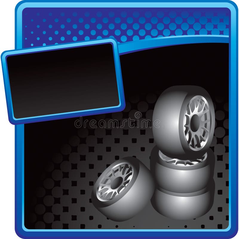 Black and blue halftone banner template with a stack of tires. Stack vehicle vectors