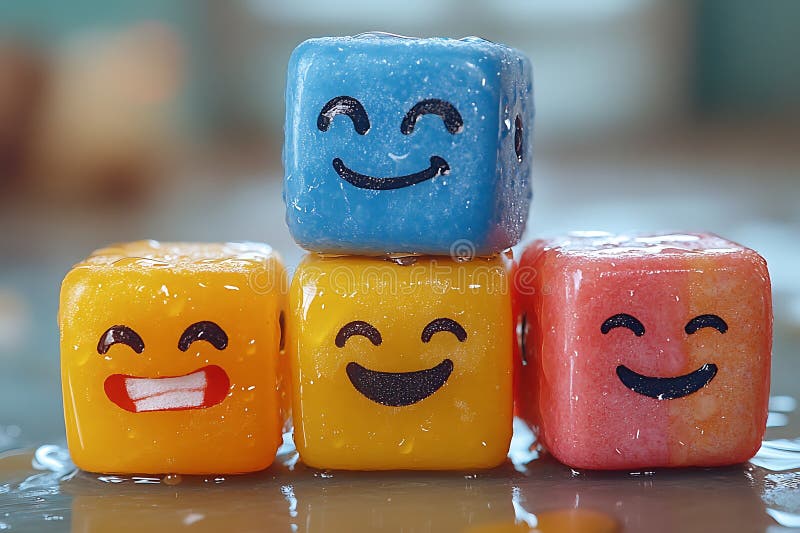 Stacked vibrant cubes display painted smileys with cheerful expressions and water droplets adorn their surfaces royalty free illustration