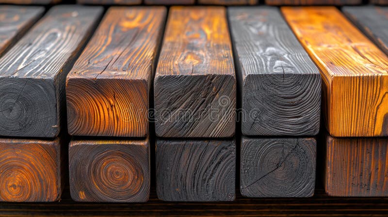 Stacked square timber wood with varying finishes stock illustration