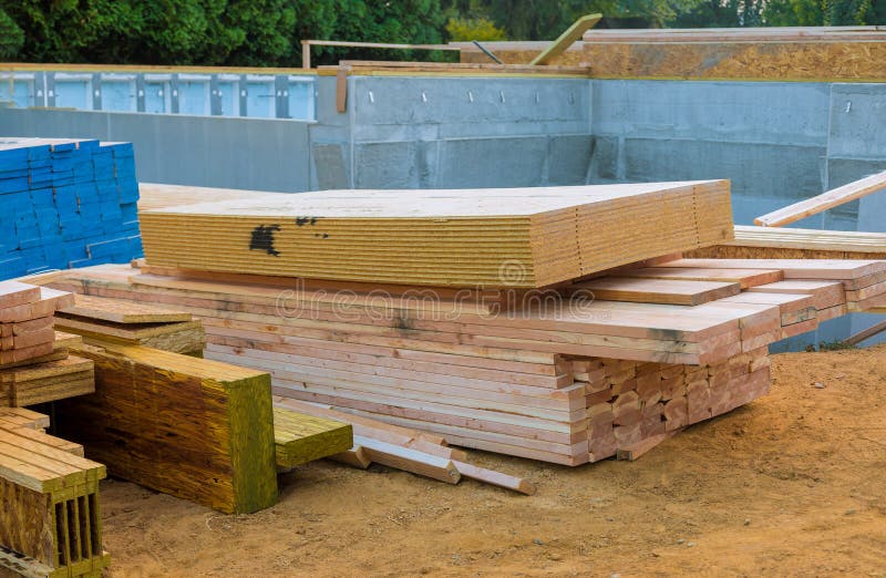 Stacked Wooden Building Materials a Stack of Boards Wood Frame and Beam Construction Stock Photo