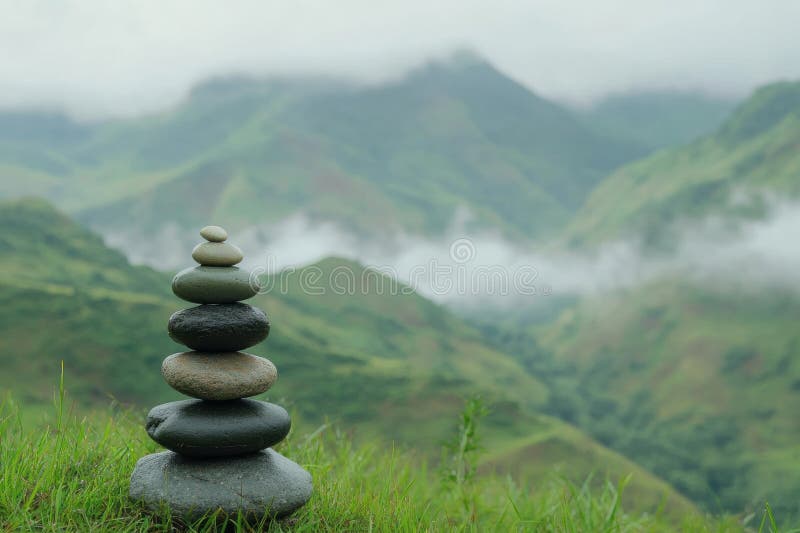Misty mountain range with balanced zen stones showcasing tranquility and harmony in a meditative setting royalty free stock photos