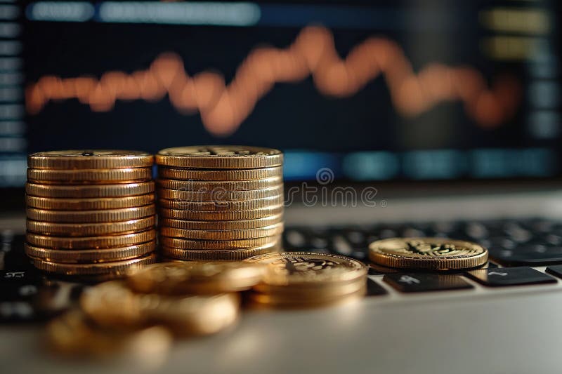 Stacks of bitcoin coins with blockchain concept on laptop keyboard with charts and graphs. Crypto investment security and strategy. AI generated